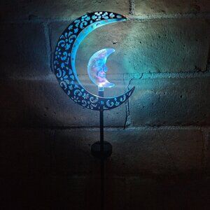 Whimsical Crescent BLUE Moon Metal and Glass Solar Stake